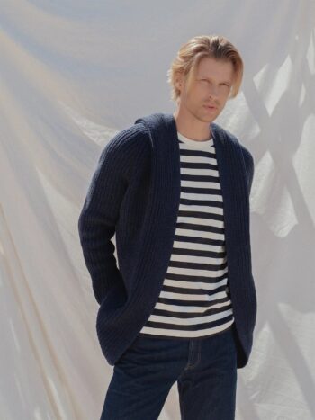 Dark blue woolen cardigan with a hood DANTE